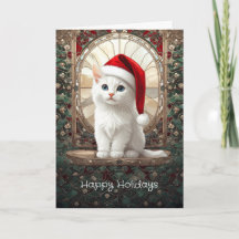 White Kitten with Santa Hat Holiday