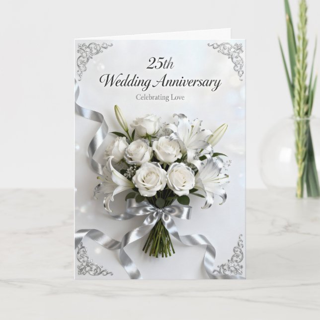 Carte White Roses and Silver Ribbon 25th Anniversary (Devant)