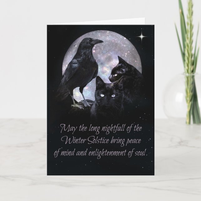 Carte Wicca païenne Solstice d'hiver Corbeau et Chats (Devant)
