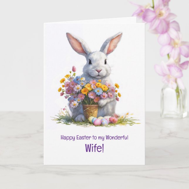 Carte Wife Happy Easter with Cute Bnny and Flowers  (Orchidée)