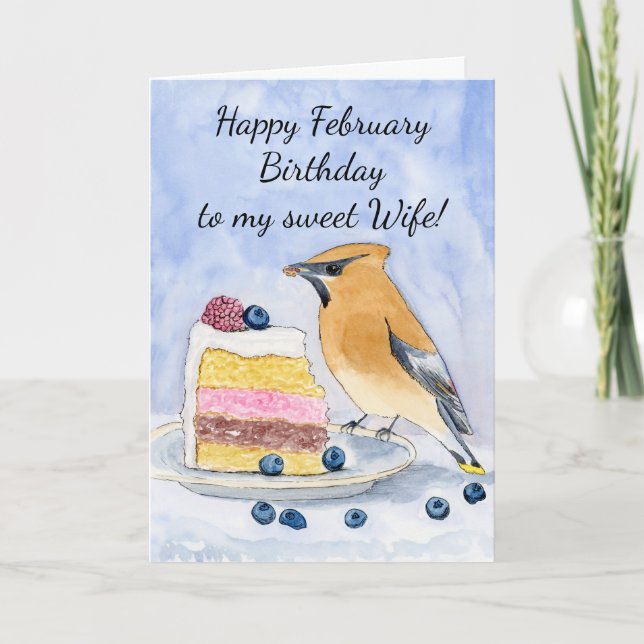 Carte Wife Happy February Birthday Cedar Waxwing Cake (Devant)
