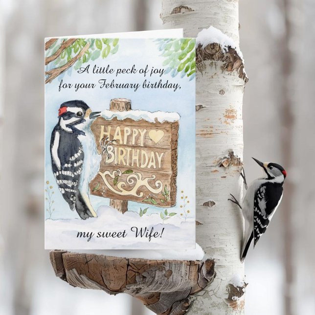 Carte Wife Happy February Birthday Downy Woodpecker (Créateur téléchargé)