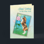 Carte Wife, joyeux anniversaire<br><div class="desc">A cute calico cats play at chasing a yellow butterfly that has landed on a red rose.an extra special card for a cat lover. Copyright Norma Cornes.</div>