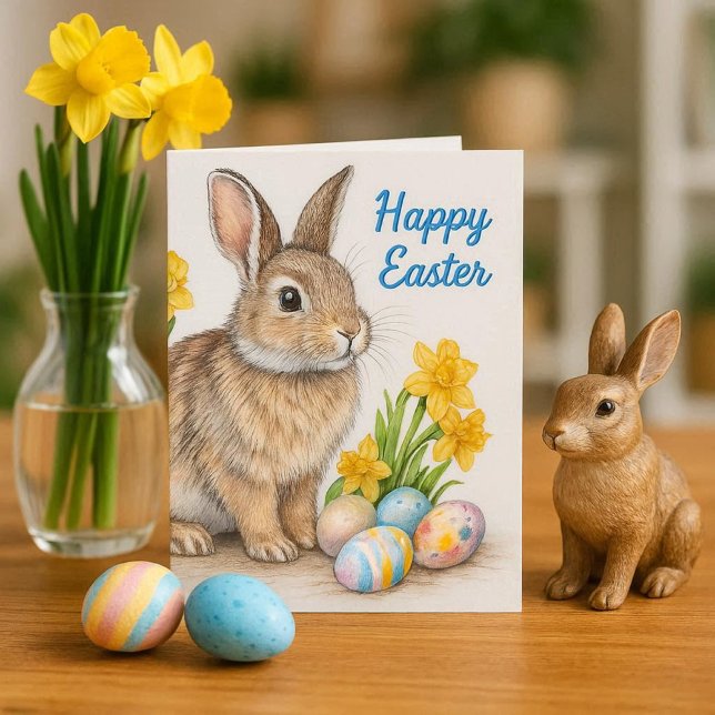 Carte Wild Rabbit with Daffodils Easter Holiday  (Share this charming Easter card featuring a delightful wild rabbit design with friends and family)