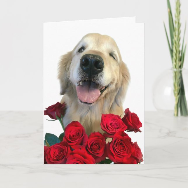 Carte Winking Golden Retriever with Rose Mother's Day (Devant)