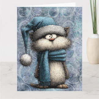 Carte Winter Blue Christmas Cat With Hat And Scarf