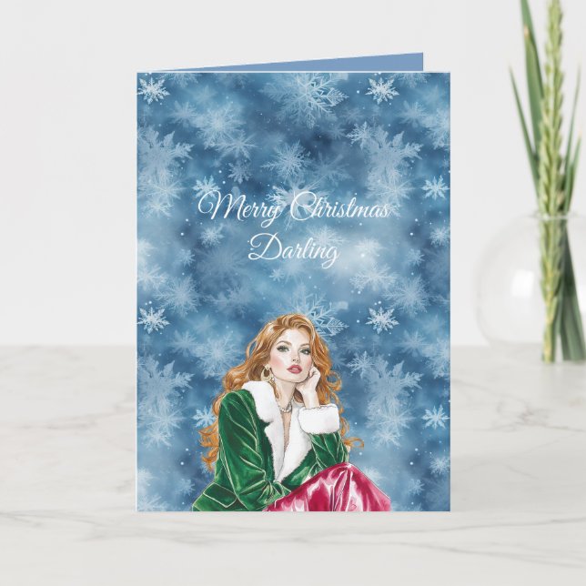 Carte Winter Blue Snowflakes Christmas Red Head Girl (Devant)
