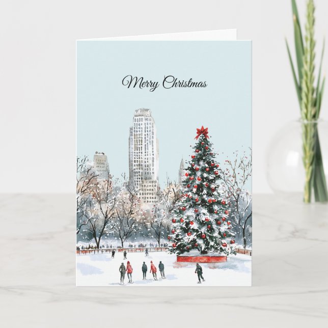 Carte Winter Christmas Tree City Ice Skaters Buildings (Devant)
