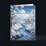 Carte Winter Forest Country Church Froid River<br><div class="desc">Belle carte de Noël avec l'image d'une belle rivière,  en hiver,  rochers et grands arbres recouverts de neige. Il y a une belle église de style champêtre dans l'arrière - plan,  montagnes,  nuages et Lune. Personnalisez à votre goût #generativecontent</div>