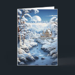 Carte Winter Forest Country Church Froid River<br><div class="desc">Belle carte de Noël avec l'image d'une belle rivière,  en hiver,  rochers et grands arbres recouverts de neige. Il y a une belle église de style champêtre dans l'arrière - plan,  montagnes,  nuages et Lune. Personnalisez à votre goût #generativecontent</div>