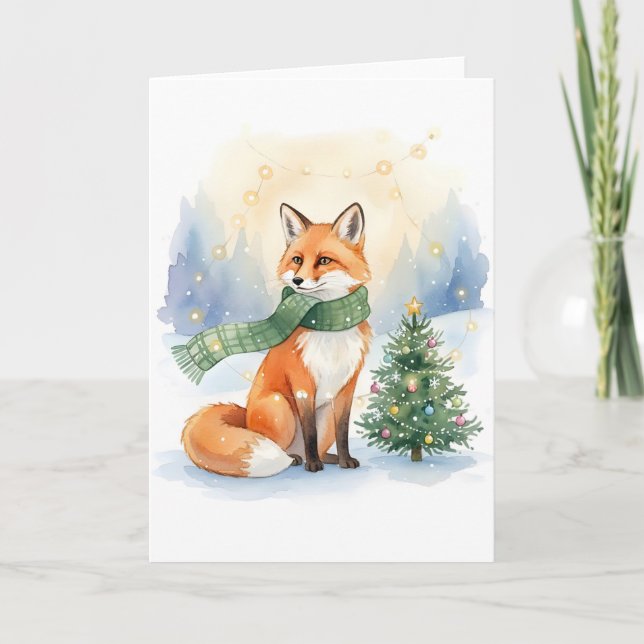 Carte Winter Fox with Green Scarf and Christmas Tree (Devant)