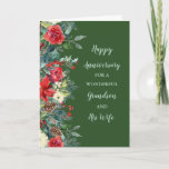 Carte Winter Grandson et son anniversaire de femme<br><div class="desc">Bonne carte d'anniversaire mariage pour petit-fils et sa femme avec des fleurs d'aquarelle rustique d'hiver en vert foncé,  et verset chaleureux.</div>