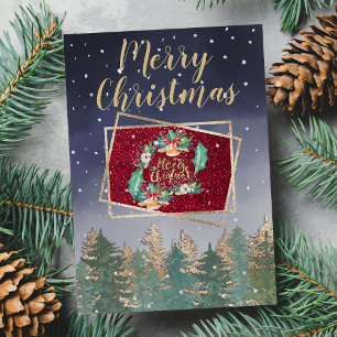 Carte Winter Navy Rouge Aquarelle Neige Arbres Noël