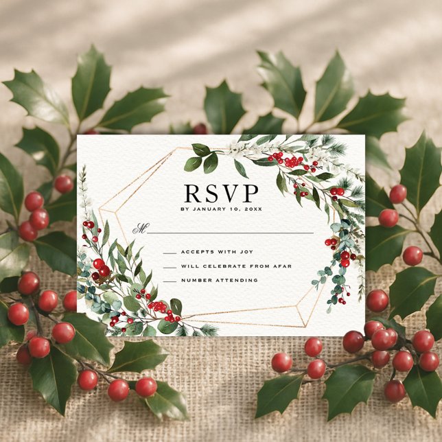 Carte Winter Red Berries Noël Verdure Mariage RSVP (Créateur téléchargé)