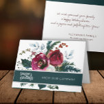 Carte Winter Red Peonies Bonnes Fêtes Entreprise<br><div class="desc">Vacances d'hiver carte de voeux d'entreprise avec un bouquet rose de tourbée d'hiver rouge et blanc avec des baies rouges foncées, des branches de feuillage et de sapin et avec une large bande avec un script de typographie brossée "Bonnes Fêtes" tendance et votre nom d'entreprise personnalisé. Personnalisez-le avec vos souhaits,...</div>