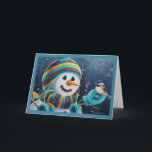 Carte Winter Snowman nourrit Chickadee Bird Aquarelle Ar<br><div class="desc">"Semences pour petit poulet" Carte de voeux d'aquarelle de l'artiste Jean Weiner "Semences pour petit poulet" présente un oiseau-chickadé noir sucré qui s'est posé sur une moufette d'un bonhomme de neige. Ce petit oiseau chéri est prêt à manger les graines de tournesol que tient ce bonhomme de neige. L'oiseau et...</div>