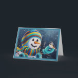 Carte Winter Snowman nourrit Chickadee Bird Aquarelle Ar<br><div class="desc">"Semences pour petit poulet" Carte de voeux d'aquarelle de l'artiste Jean Weiner "Semences pour petit poulet" présente un oiseau-chickadé noir sucré qui s'est posé sur une moufette d'un bonhomme de neige. Ce petit oiseau chéri est prêt à manger les graines de tournesol que tient ce bonhomme de neige. L'oiseau et...</div>