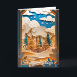 Carte Winter Wonderland Salutation<br><div class="desc">Cette carte de Noël enchanteresse présente une scène hivernale en papier découpé, avec des collines enneigées, de grands verdures et un cabine douillet niché sous des nuages dérigeants et des flocons de neige tombants. Le riche mélange de tons dorés, de blancs glacés et de ciel bleu profond crée une atmosphère...</div>