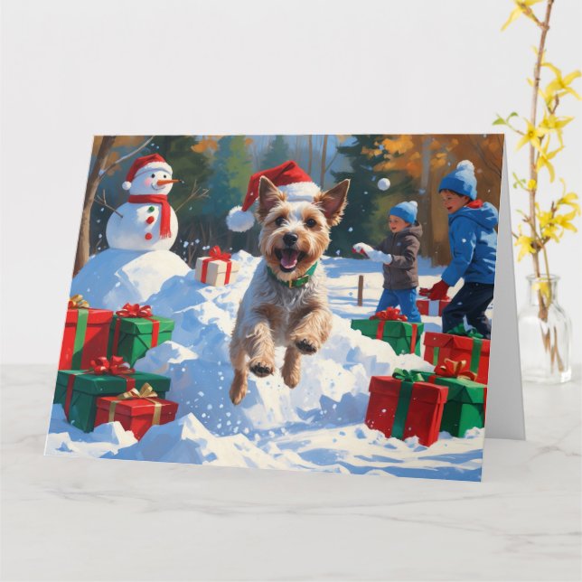 Carte Wire Fox Terrier courant dans la neige avec un cha (Fleur jaune)