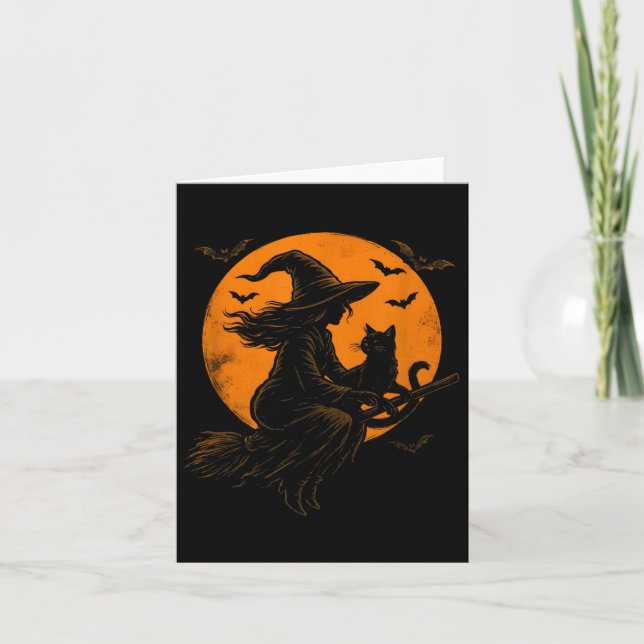 Carte Witch And Cute Cat Black Kitten For Halloween Cost (Devant)