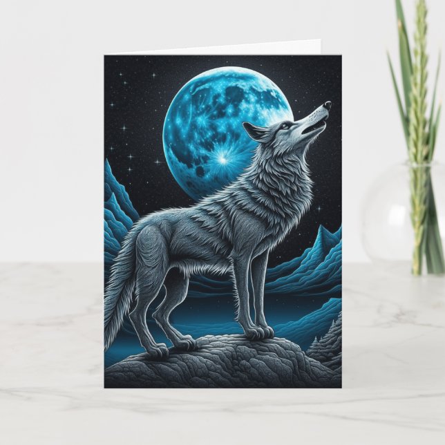 Carte Wolf debout devant la Pleine lune Anniversaire (Devant)