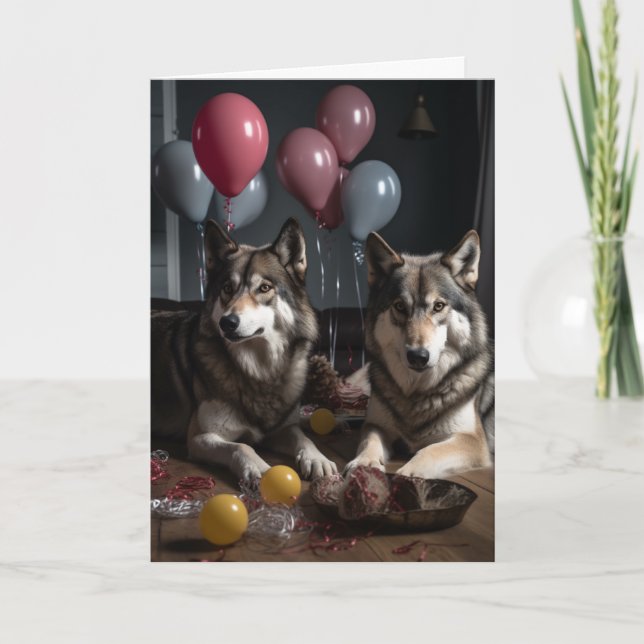 Carte Wolf réaliste avec ballons Anniversaire (Devant)