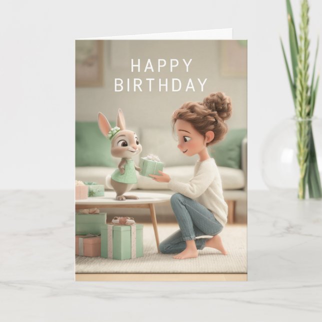 Carte Woman & Baby Bunny in Mint Green Dress Birthday (Devant)