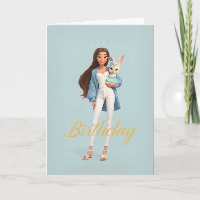 Carte Woman in Blue & White w/ Cute Bunny Bday (Devant)
