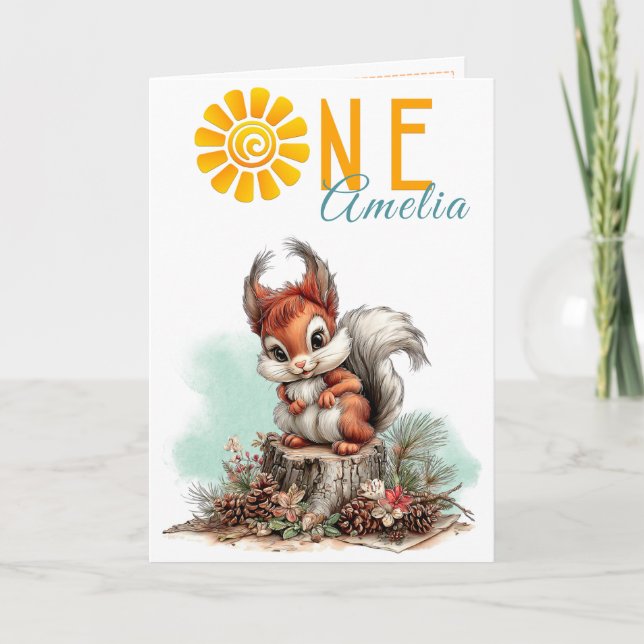 Carte Woodland Forest Squirrel First Birthday Card (Devant)