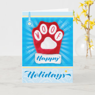 Carte WOOF Patte de chien rouge Noël Mitten Joyeuses Fêt
