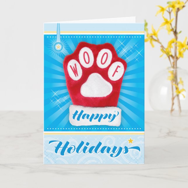 Carte WOOF Red Paw Chien Noël Mitten Joyeuses vacances (Fleur jaune)