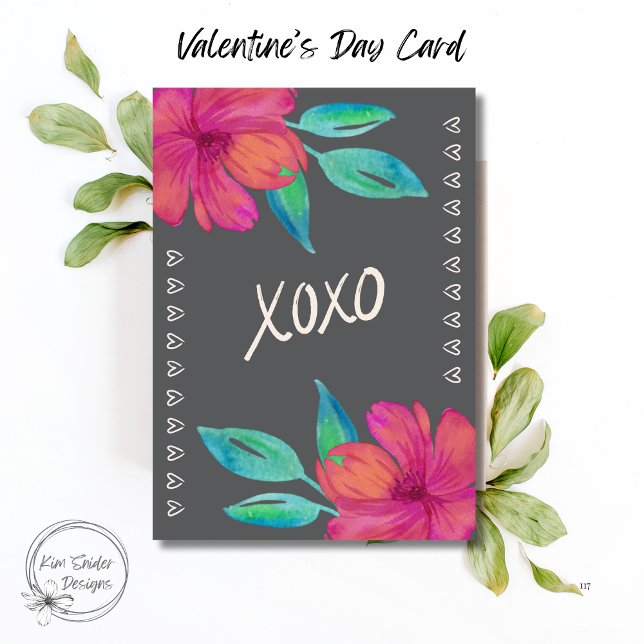Carte XOXO Fleurs à l'aquarelle Saint-Valentin (Créateur téléchargé)