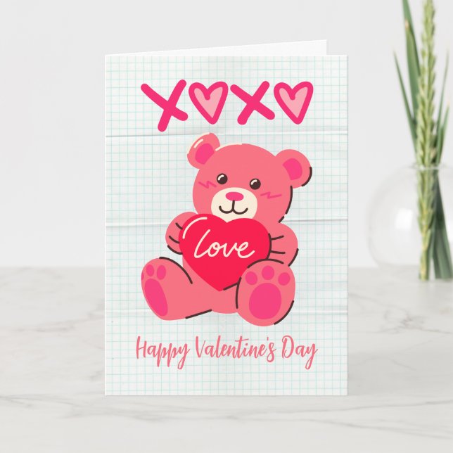 Carte XOXO Nounours Rose Coeur Amour Saint Valentin (Devant)