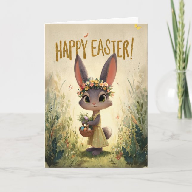 Carte Yellow Dress Flower-Crown Bunny Easter Card (Devant)
