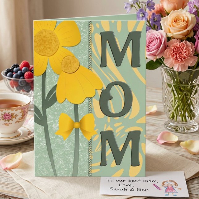 Carte Yellow Flowers On Sage Green Mothers Greeting (Bright sunny yellow flowers for a cheerful mother's day greeting or personal message.)