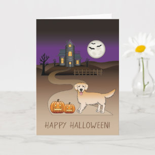 Carte Yellow Golden Retriever & Halloween Maison hantée