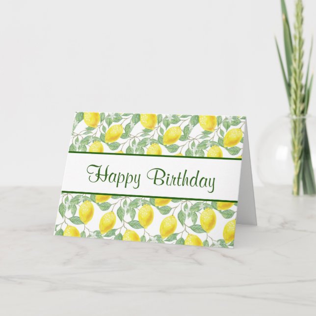 Carte Yellow Lemons with Green Leaves Pattern Birthday (Devant)