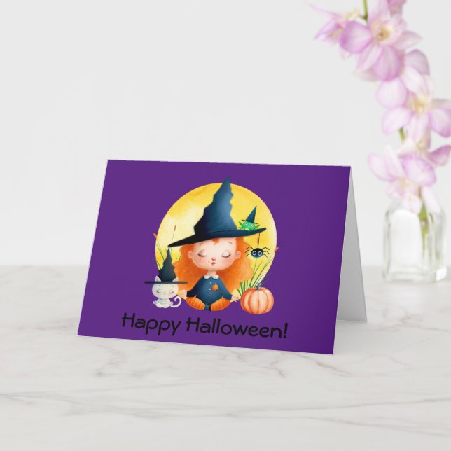 Carte Yoga Sorcière et Chat Aquarelle Halloween Salutati (Orchidée)