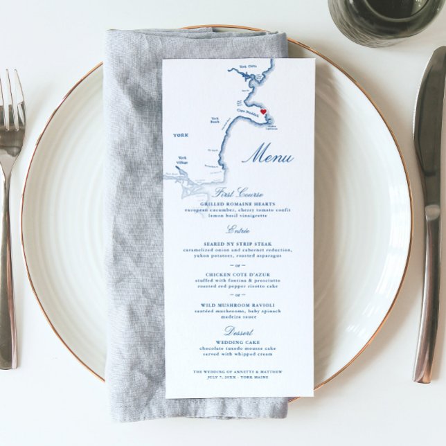 Carte York Maine Élégant Mariage de script de mari (These York Beach Maine wedding menus are perfect for your wedding at the view point hotel)