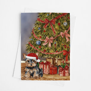 Carte Yorkie Aquarelle sous l'arbre de Noël