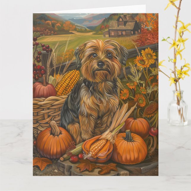 Carte Yorkipod Chien automne récolte Thanksgiving (Fleur jaune)