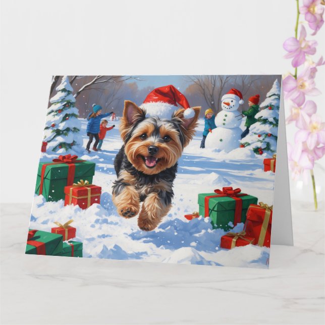 Carte Yorkipoo coule en neige avec le Casquette de Noël (Orchidée)
