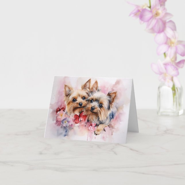 Carte Yorkshire Terrier Aquarelle Valentine Pair (Orchidée)