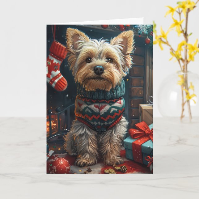 Carte Yorkshire Terrier avec des cadeaux de Noël Cheminé (Fleur jaune)