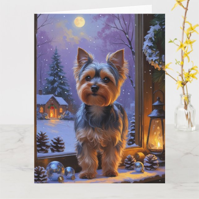 Carte Yorkshire Terrier Avec Les Lumières De Noël (Fleur jaune)