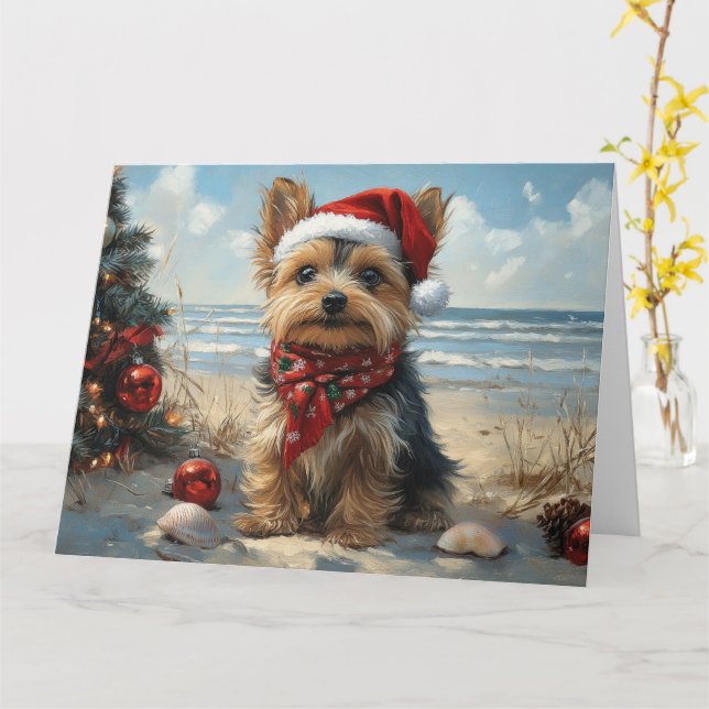 Carte Yorkshire Terrier Chien Noël Plage Vintage (Fleur jaune)