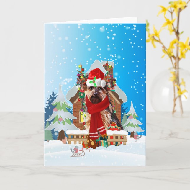 Carte Yorkshire Terrier dans la neige avec cadeaux de No (Fleur jaune)