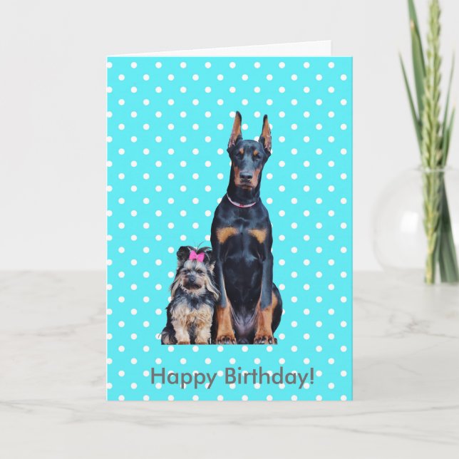 Carte Yorkshire Terrier Doberman heureux voeux d'anniver (Devant)