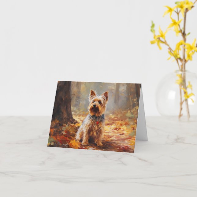 Carte Yorkshire Terrier en Feuilles d'Automne Tomber Ins (Fleur jaune)