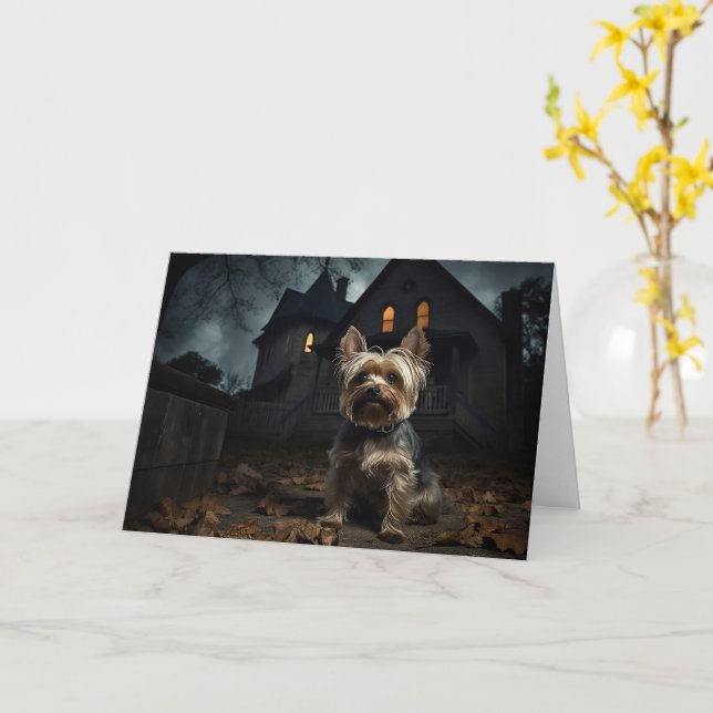 Carte Yorkshire Terrier Halloween effrayant (Fleur jaune)